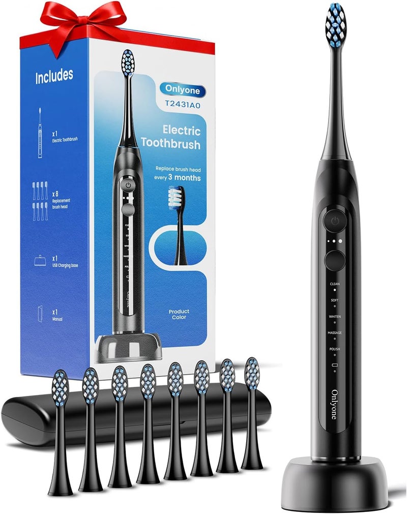 Onlyone Sonic Electric Toothbrush for Adults, Rechargeable Ultrasonic Electric Toothbrush with 8 Brush Heads, Travel Case, Charging Base & Wireless Charging - 5 Modes with Smart Timer - Image 1